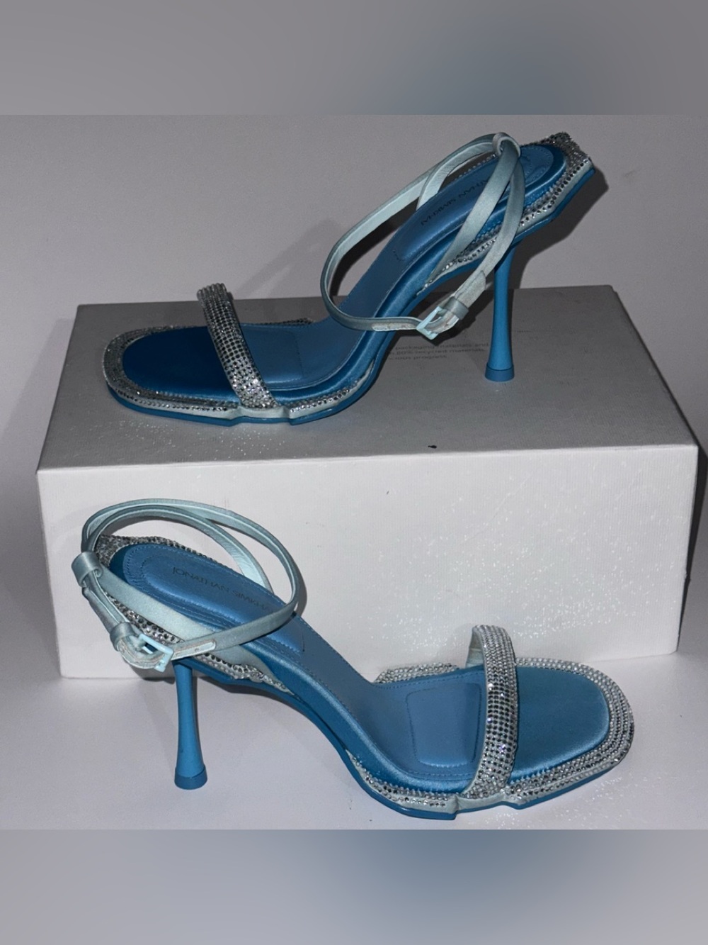 JONATHAN SIMKHAI Blue Embellished Crystals Sculpted Flare Heels Sandal 39 9